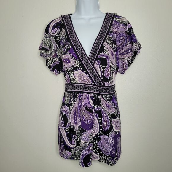 Vintage apt 9 y2k black purple paisley print wrap tie back babydoll top size xl - Picture 1 of 6